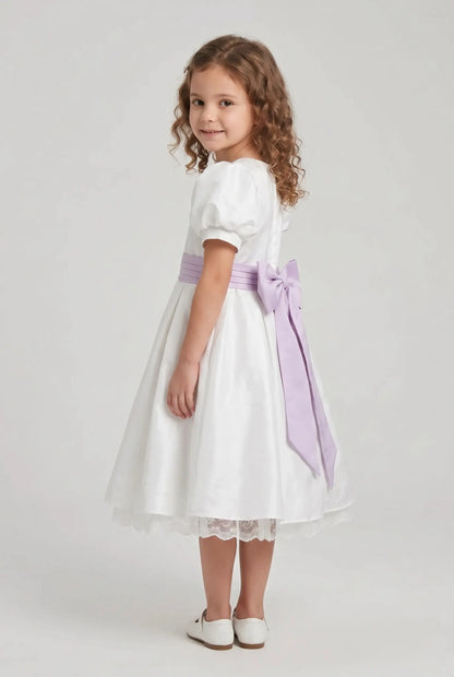Off white satin bubble sleeves butterfly waist knot girl party dress
