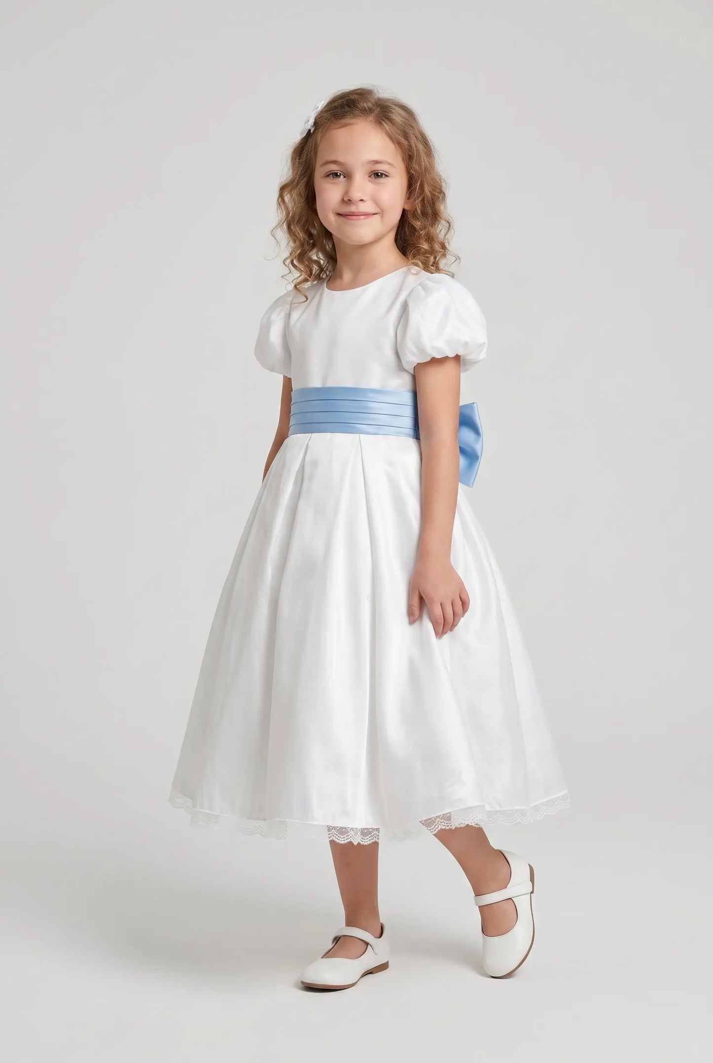 Off white satin bubble sleeves butterfly waist knot girl party dress