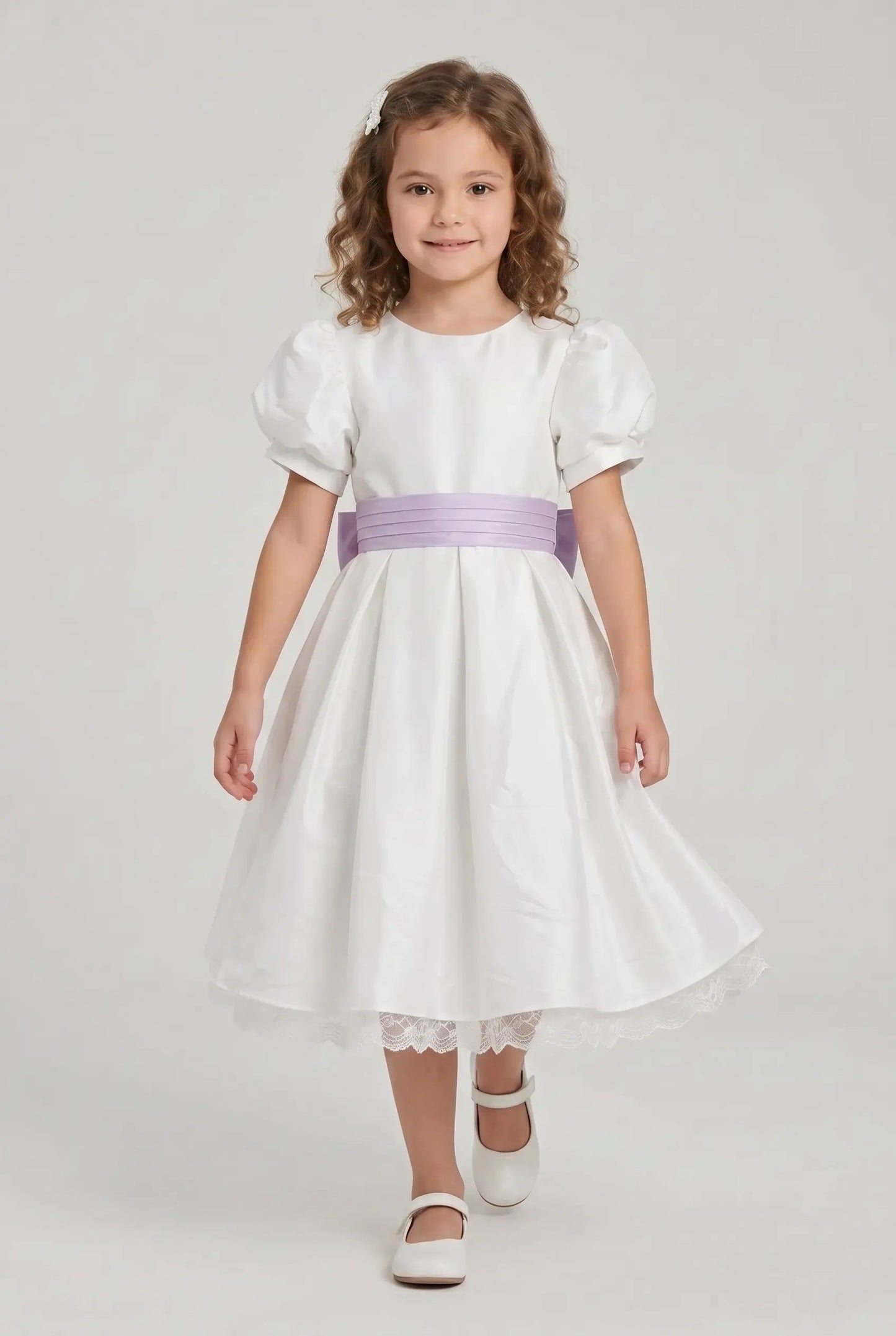 Off white satin bubble sleeves butterfly waist knot girl party dress