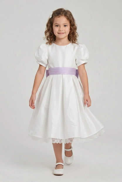 Off white satin bubble sleeves butterfly waist knot girl party dress
