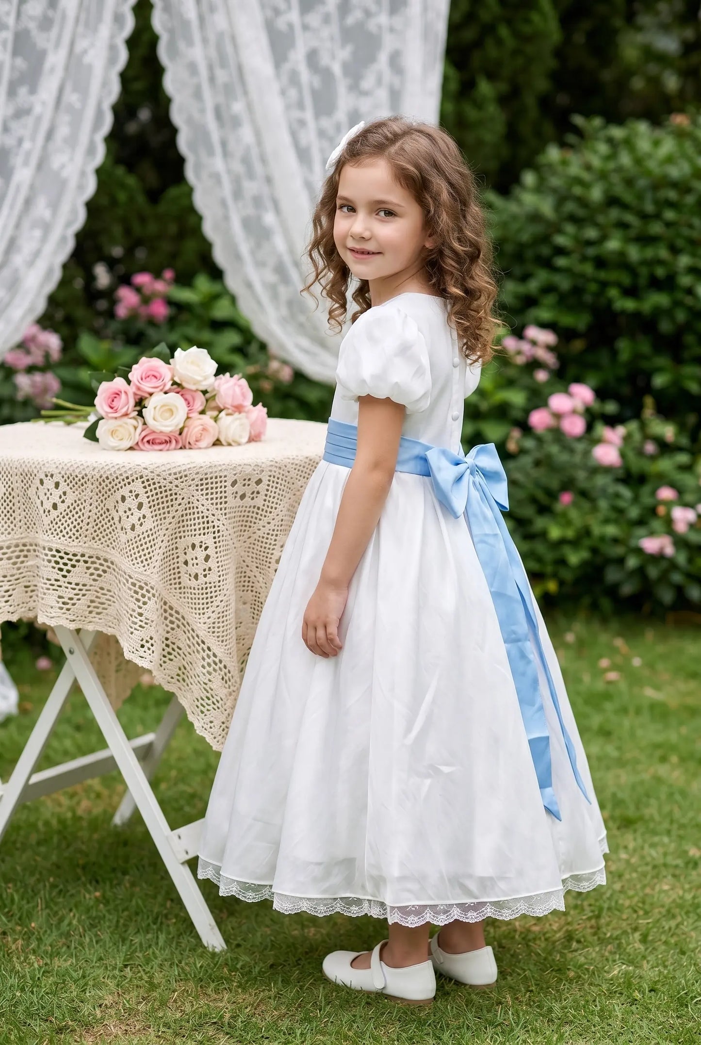 Off white satin bubble sleeves butterfly waist knot girl party dress
