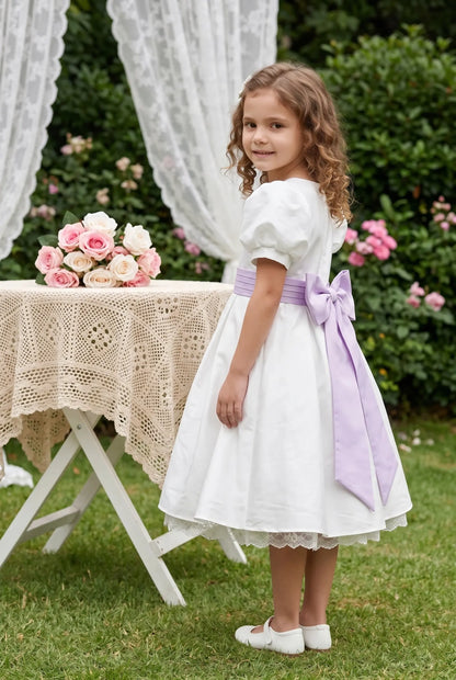Off white satin bubble sleeves butterfly waist knot girl party dress