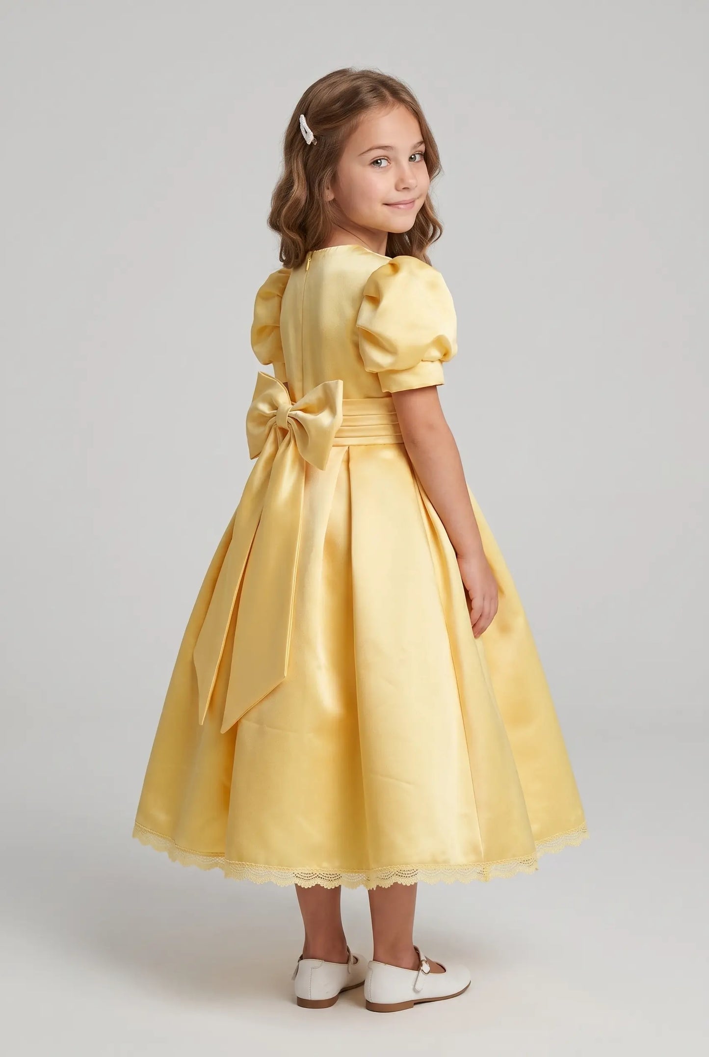 Off white satin bubble sleeves butterfly waist knot girl party dress