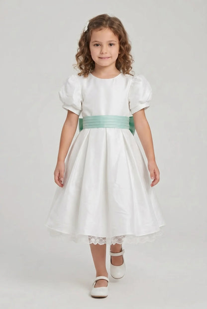 Off white satin bubble sleeves butterfly waist knot girl party dress