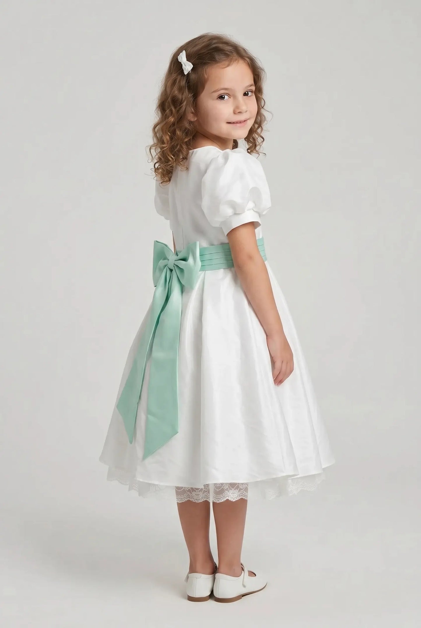 Off white satin bubble sleeves butterfly waist knot girl party dress