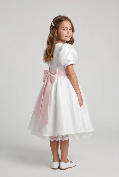 Off white satin bubble sleeves butterfly waist knot girl party dress