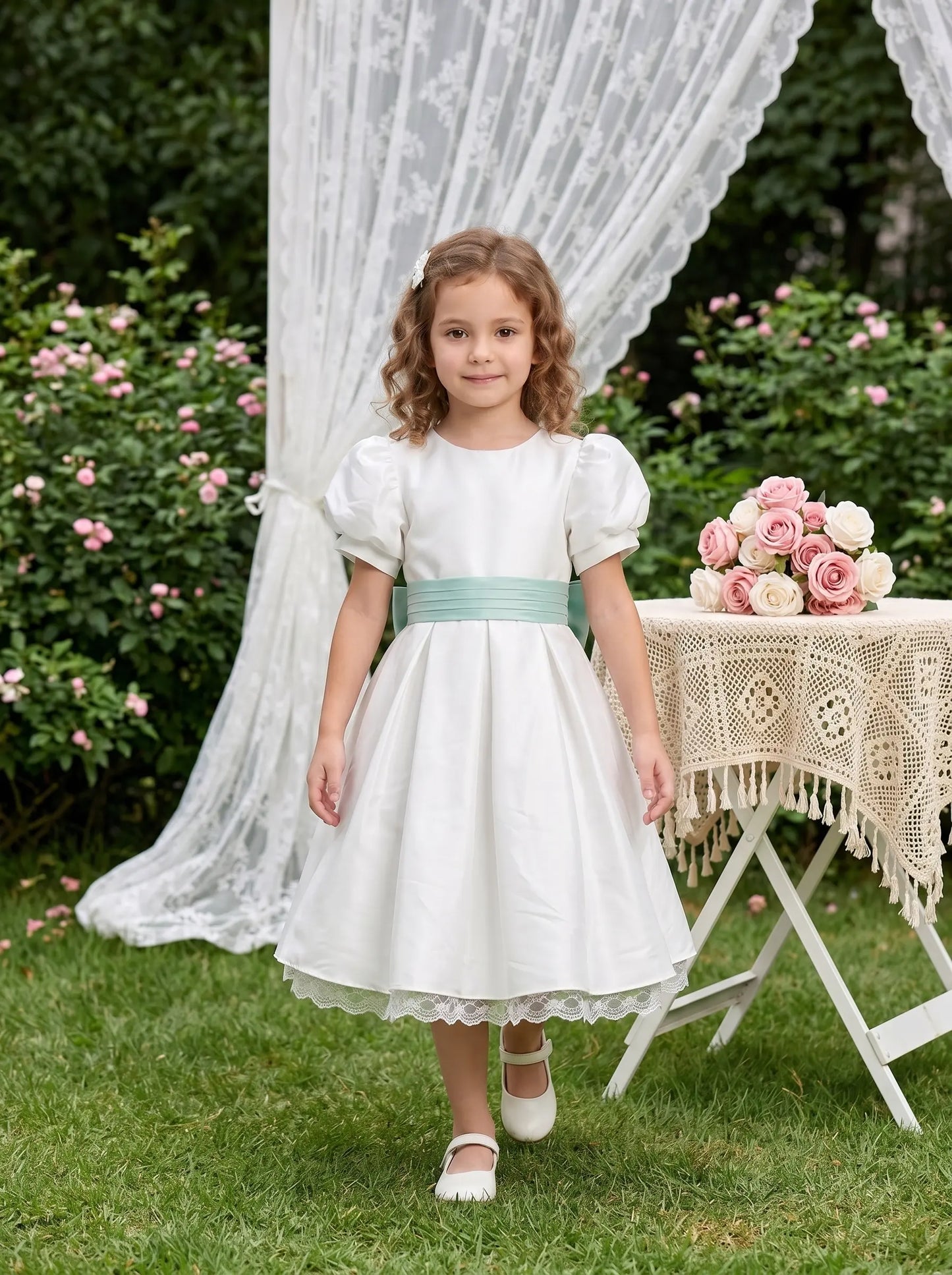 Off white satin bubble sleeves butterfly waist knot girl party dress