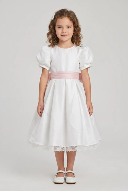Off white satin bubble sleeves butterfly waist knot girl party dress
