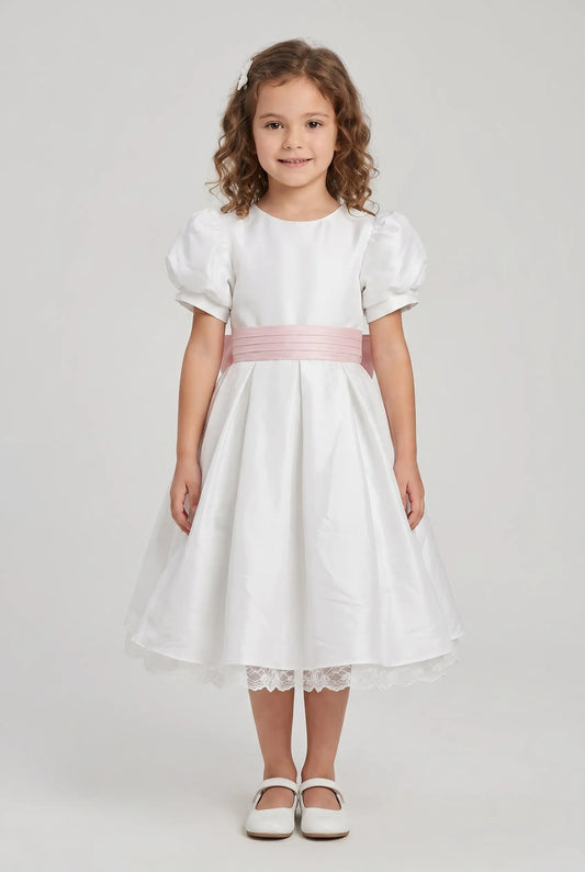 Off white satin bubble sleeves butterfly waist knot girl party dress