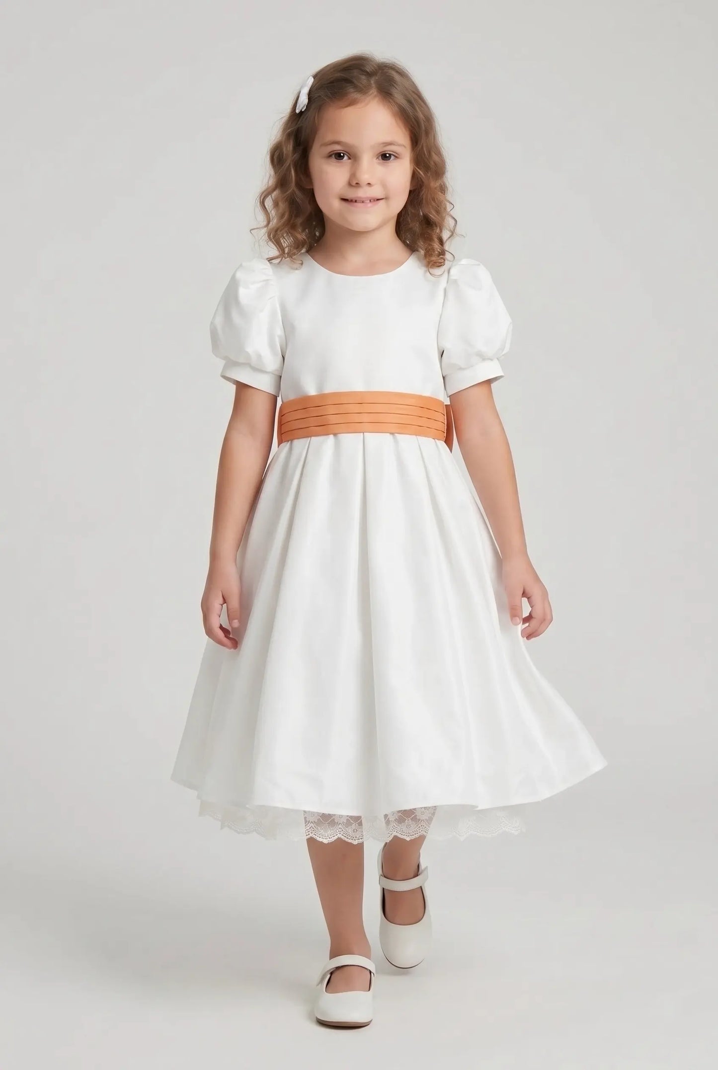 Off white satin bubble sleeves butterfly waist knot girl party dress