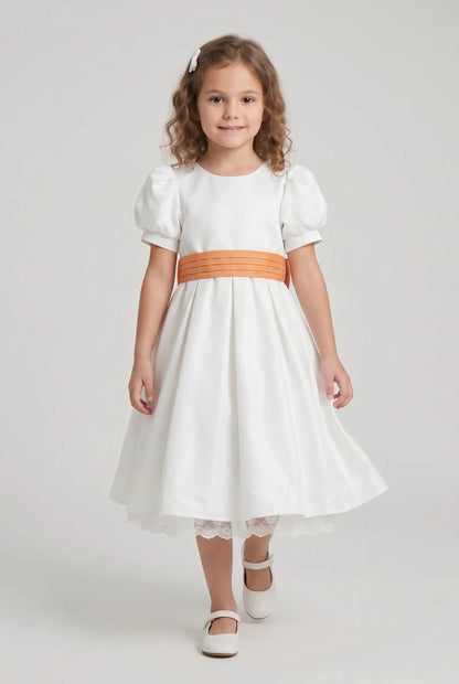 Off white satin bubble sleeves butterfly waist knot girl party dress
