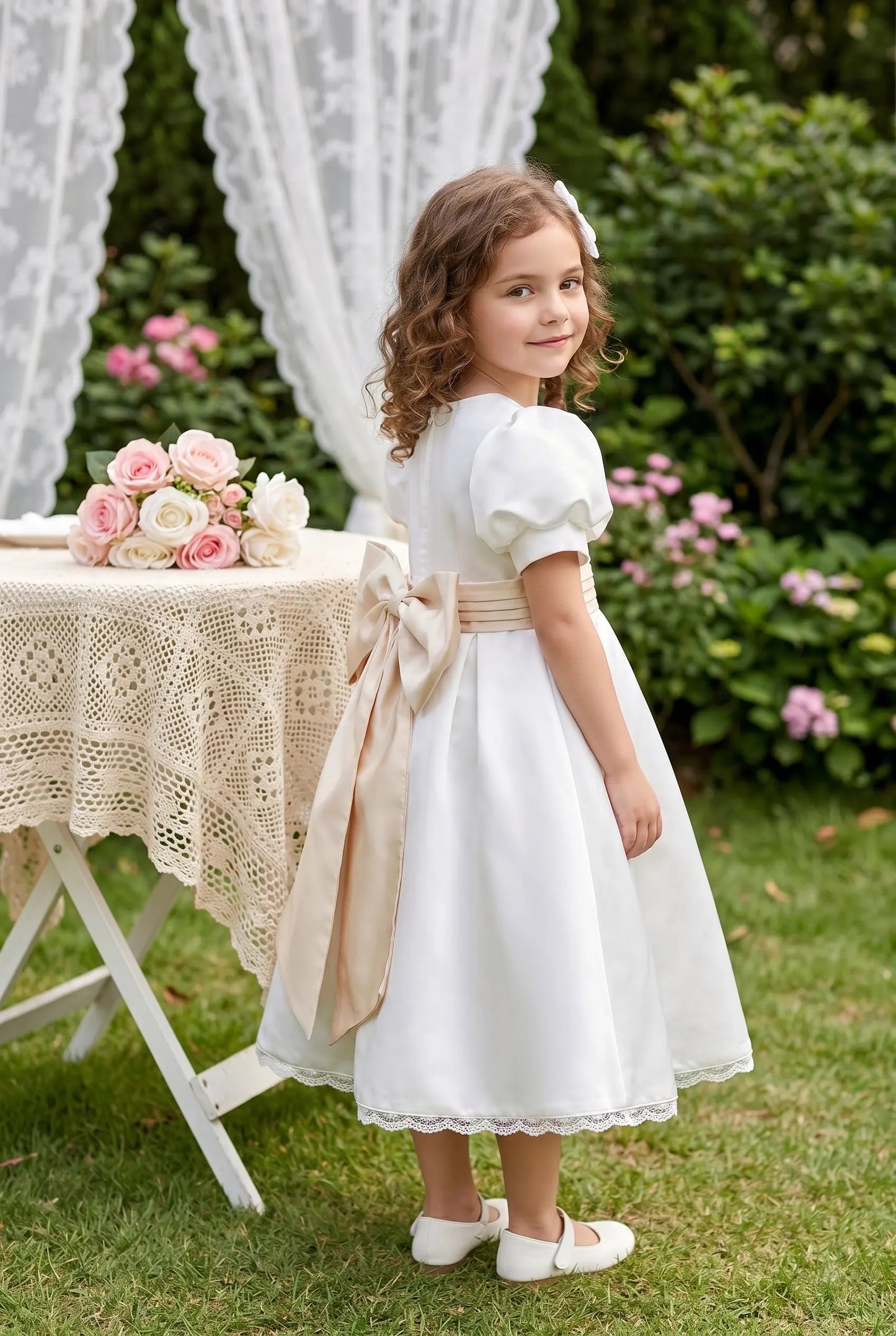 Off white satin bubble sleeves butterfly waist knot girl party dress