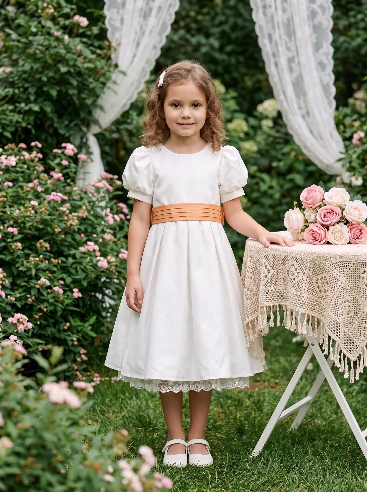 Off white satin bubble sleeves butterfly waist knot girl party dress