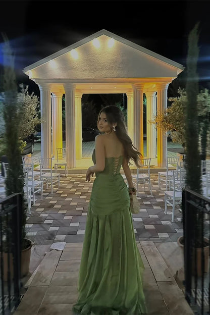 Olive Green Chiffon Mermaid Strapless Sweetheart Neck Ruched Corset Back Floor Length Formal Evening Prom Dress