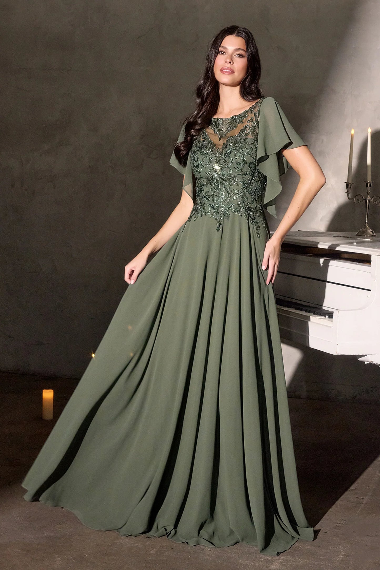 Olive Green Flutter Sleeve Beaded Sheer Back Chiffon Maxi Evening Dress