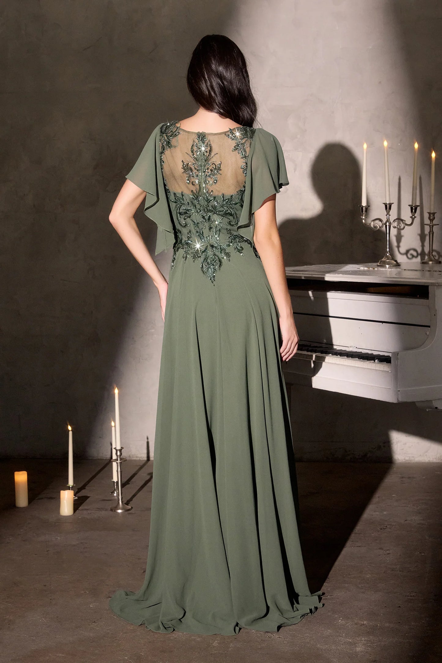 Olive Green Flutter Sleeve Beaded Sheer Back Chiffon Maxi Evening Dress