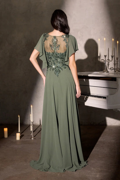Olive Green Flutter Sleeve Beaded Sheer Back Chiffon Maxi Evening Dress