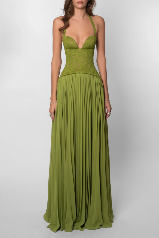 Olive Green Halter Lace Corset Pleated Chiffon Floor Length Prom Dress