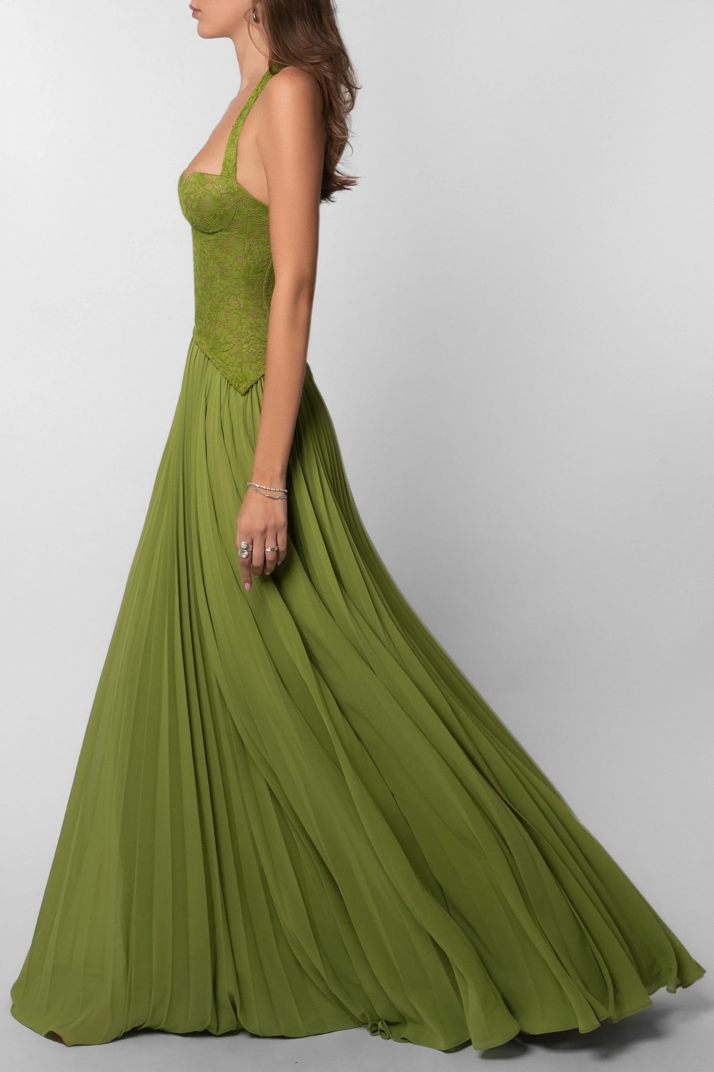 Olive Green Halter Lace Corset Pleated Chiffon Floor Length Prom Dress
