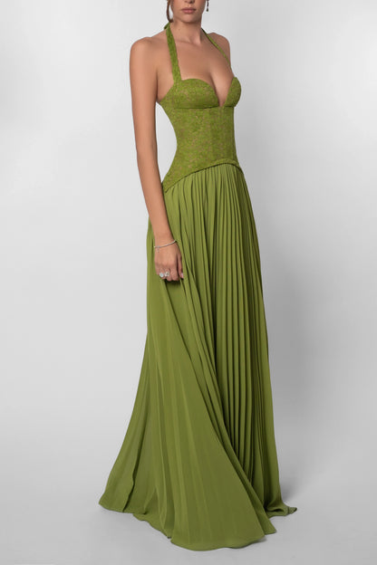 Olive Green Halter Lace Corset Pleated Chiffon Floor Length Prom Dress