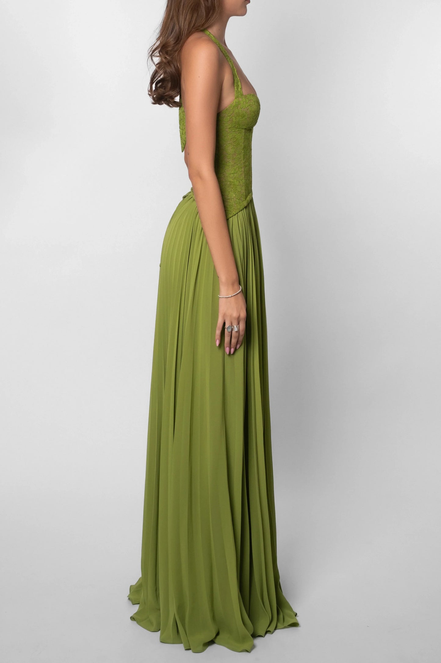 Olive Green Halter Lace Corset Pleated Chiffon Floor Length Prom Dress
