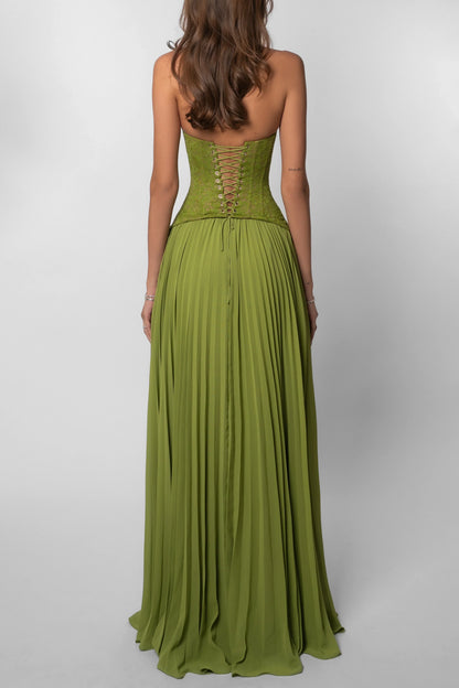Olive Green Halter Lace Corset Pleated Chiffon Floor Length Prom Dress