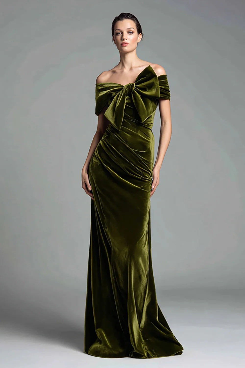 Olive Green Off The Shoulder Prom Dress With Large Bow Detail And Ruched Velvet Mermaid Silhouette For Formal Evening Party
