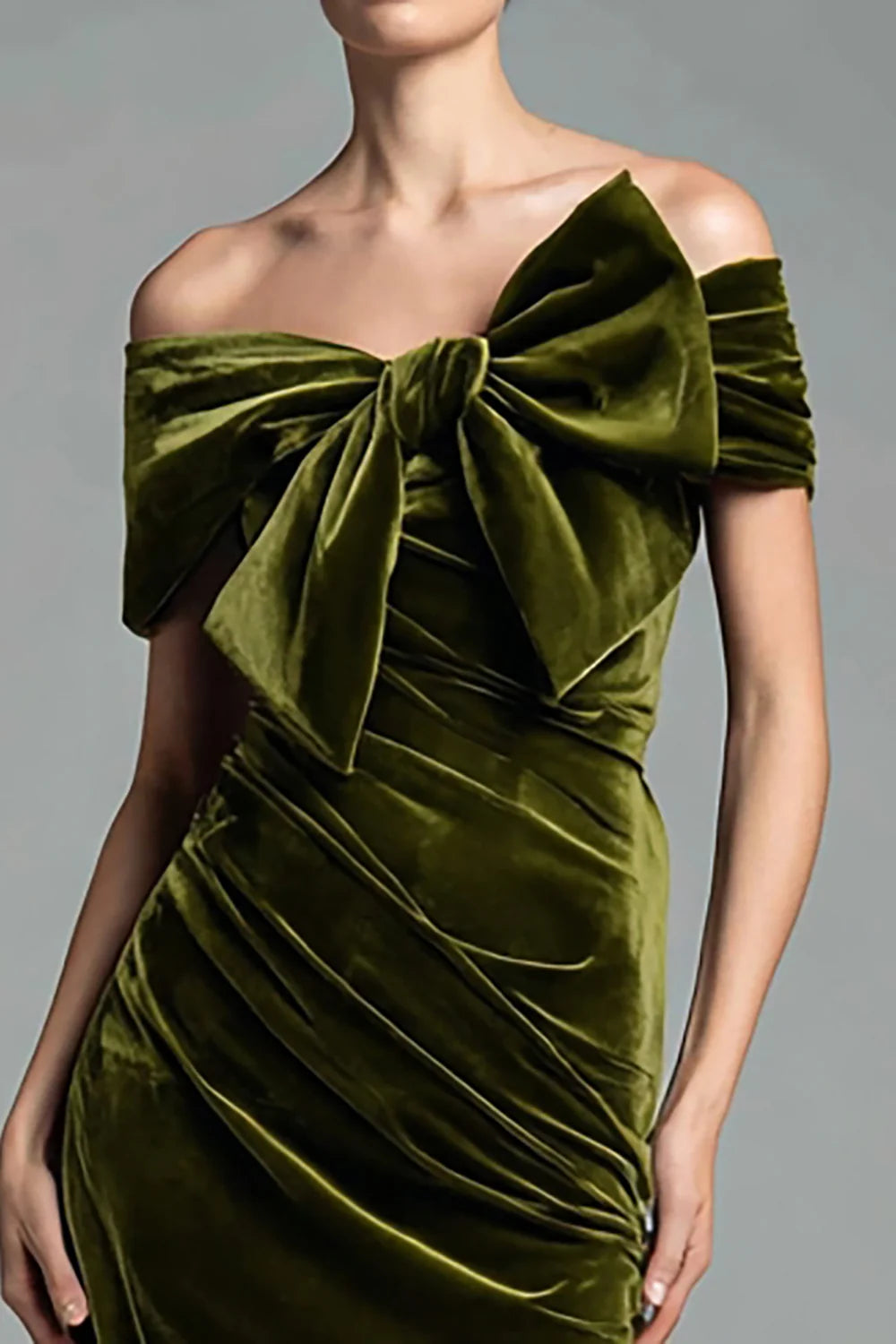 Olive Green Off The Shoulder Prom Dress With Large Bow Detail And Ruched Velvet Mermaid Silhouette For Formal Evening Party