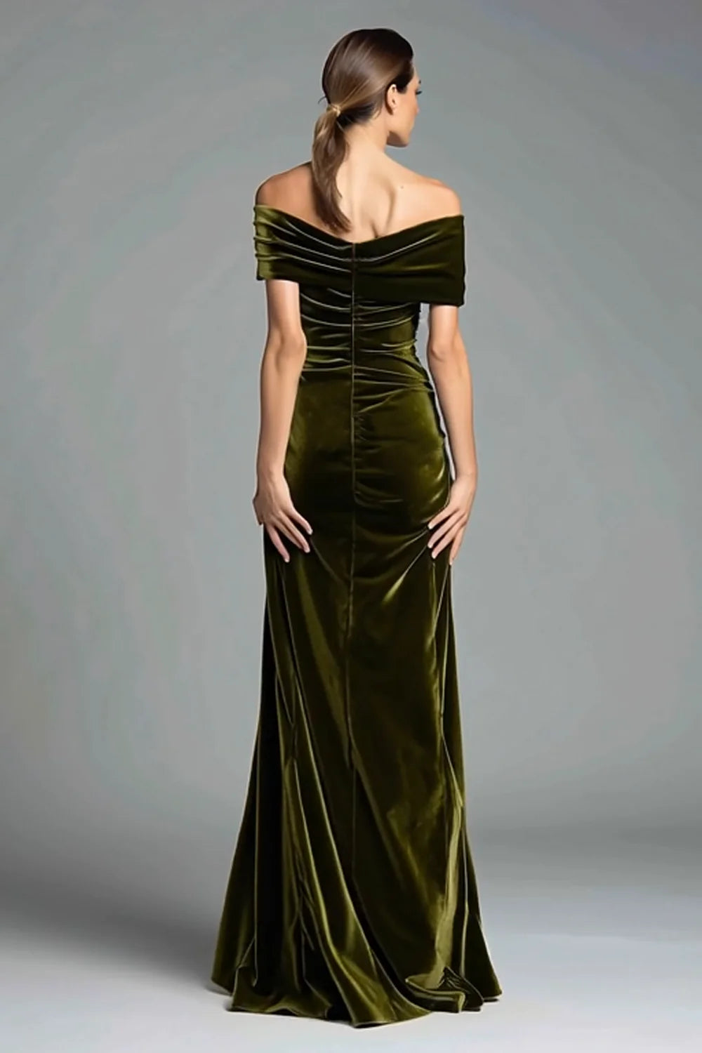 Olive Green Off The Shoulder Prom Dress With Large Bow Detail And Ruched Velvet Mermaid Silhouette For Formal Evening Party