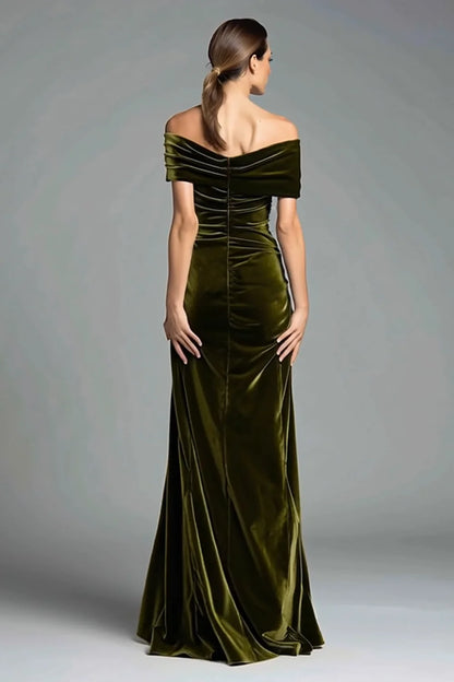 Olive Green Off The Shoulder Prom Dress With Large Bow Detail And Ruched Velvet Mermaid Silhouette For Formal Evening Party