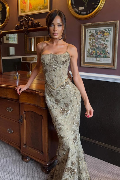 Olive Green Spaghetti Strap Corset Floral Lace Up Back Mermaid Long Prom Dress