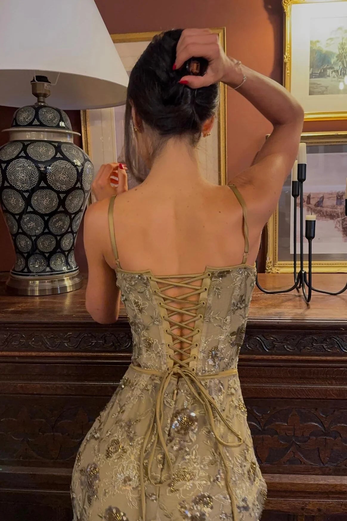 Olive Green Spaghetti Strap Corset Floral Lace Up Back Mermaid Long Prom Dress