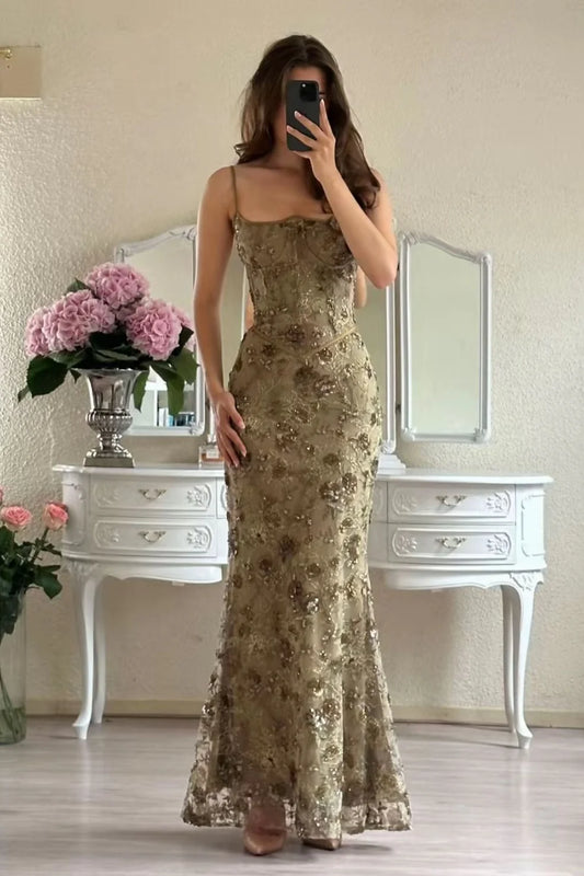 Olive Green Spaghetti Strap Corset Floral Lace Up Back Mermaid Long Prom Dress