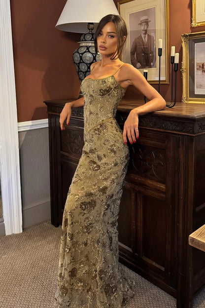 Olive Green Spaghetti Strap Corset Floral Lace Up Back Mermaid Long Prom Dress