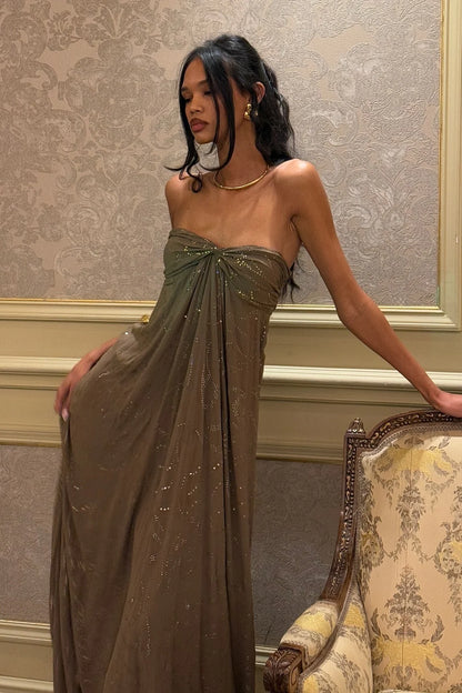 Olive Green Strapless Twist Front Sparkle Chiffon Flowy Long Prom Dress