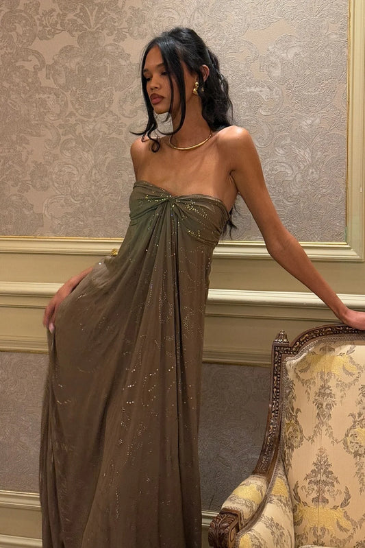 Olive Green Strapless Twist Front Sparkle Chiffon Flowy Long Prom Dress