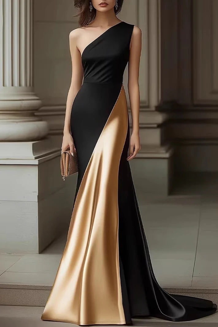 One-Shoulder Black & Gold Color Block Satin Mermaid Evening Dresses with Detachable Gold Panel and Floor-Length Train