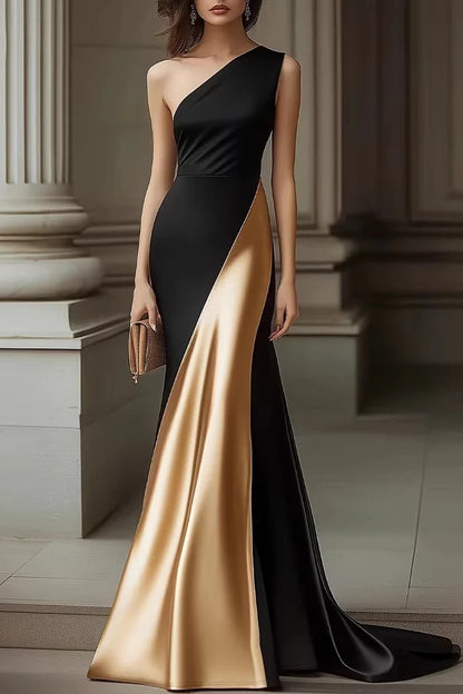 One-Shoulder Black & Gold Color Block Satin Mermaid Evening Dresses with Detachable Gold Panel and Floor-Length Train