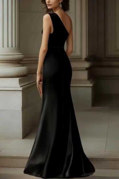 One-Shoulder Black & Gold Color Block Satin Mermaid Evening Dresses with Detachable Gold Panel and Floor-Length Train
