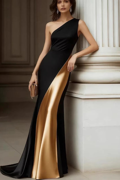 One-Shoulder Black & Gold Color Block Satin Mermaid Evening Dresses with Detachable Gold Panel and Floor-Length Train