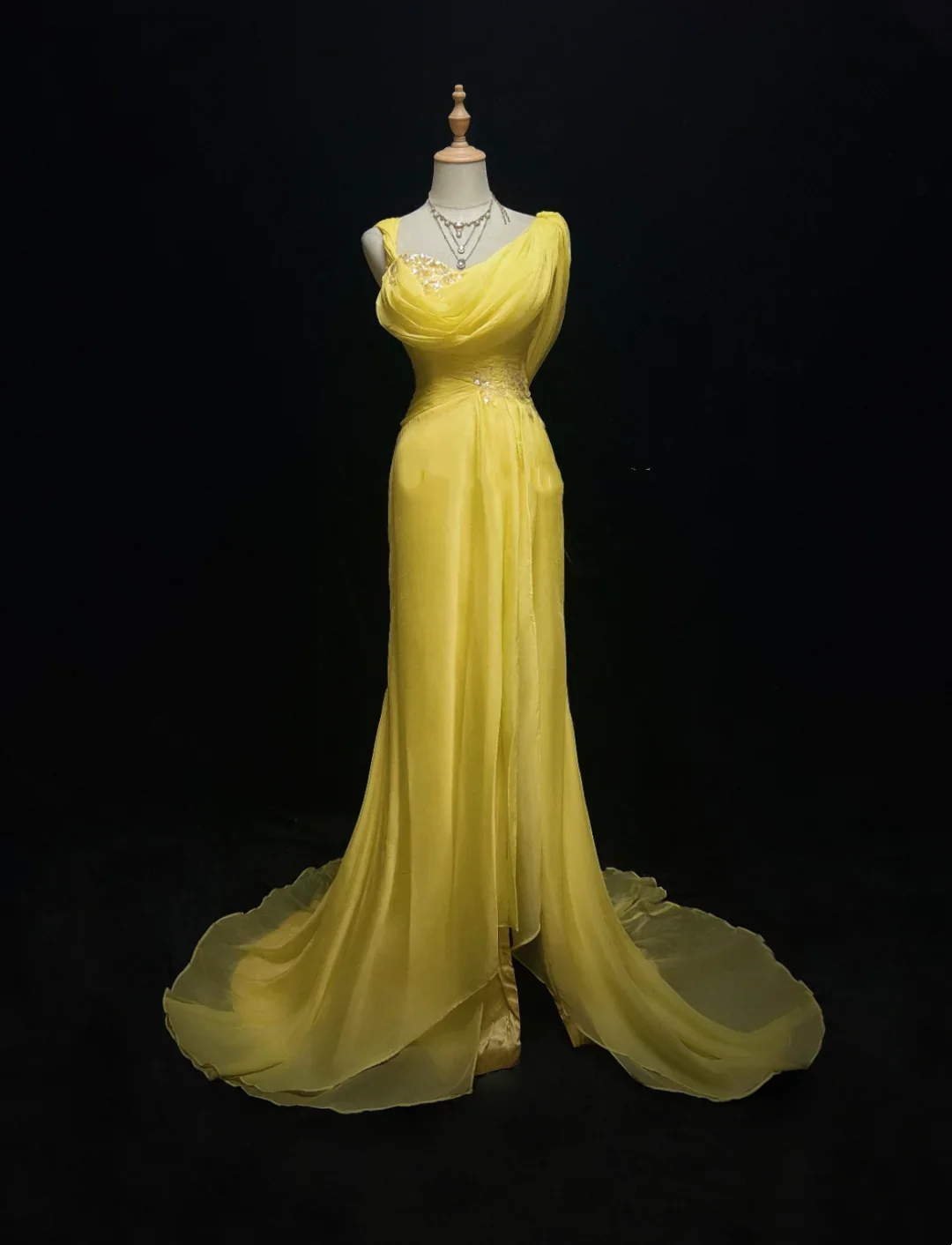 One-Shoulder Draped Chiffon Mermaid Prom Dress with Sequin Embellishments, Cowl Back and Train