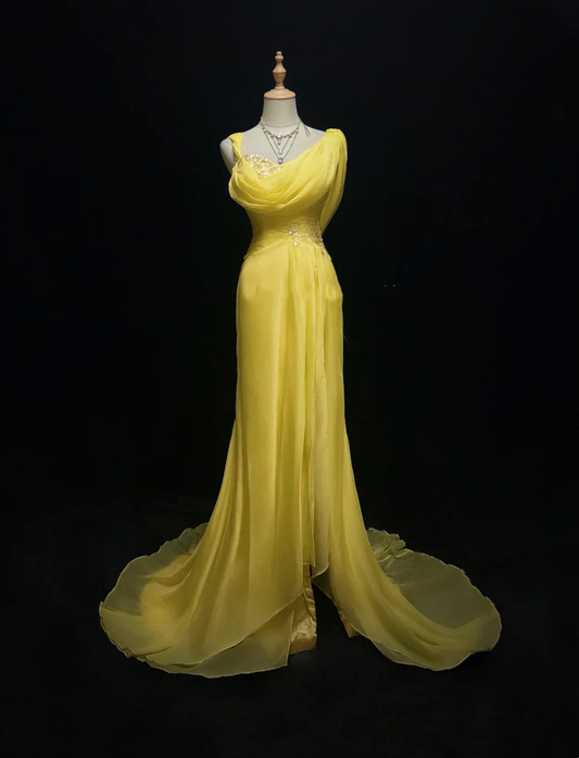 One-Shoulder Draped Chiffon Mermaid Prom Dress with Sequin Embellishments, Cowl Back and Train