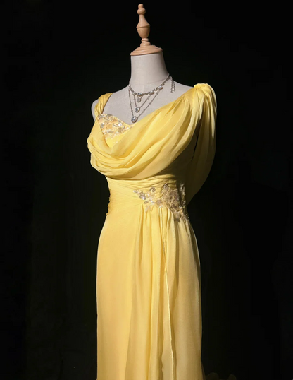 One-Shoulder Draped Chiffon Mermaid Prom Dress with Sequin Embellishments, Cowl Back and Train