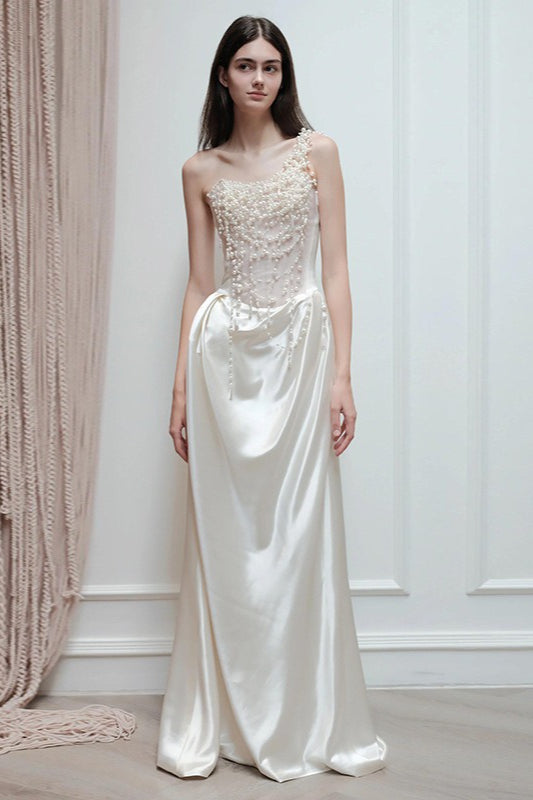 One-Shoulder Ivory Beaded Satin Evening Dresses with Sheer Mesh Bodice and Pleated Floor-Length Skirt