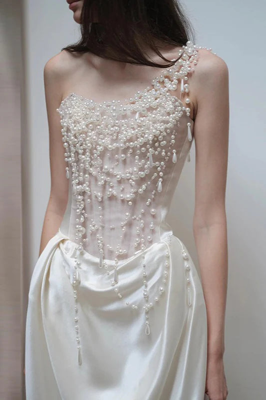 One-Shoulder Ivory Beaded Satin Evening Dresses with Sheer Mesh Bodice and Pleated Floor-Length Skirt