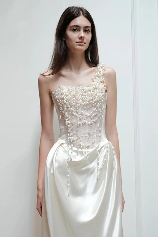 One-Shoulder Ivory Beaded Satin Evening Dresses with Sheer Mesh Bodice and Pleated Floor-Length Skirt