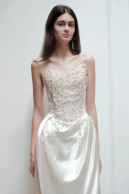 One-Shoulder Ivory Beaded Satin Evening Dresses with Sheer Mesh Bodice and Pleated Floor-Length Skirt