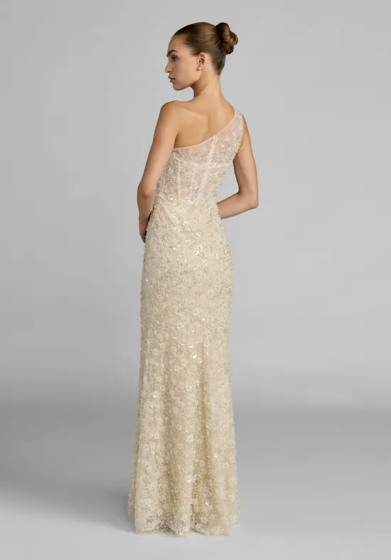 One Shoulder Beaded Mermaid Wedding Dress Sheer Corset Bodice 3D Floral Sequin Bridal Gown