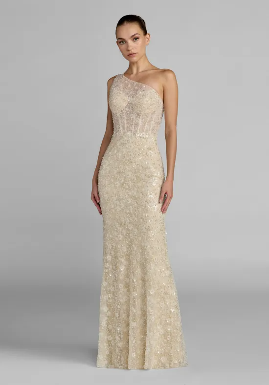One Shoulder Beaded Mermaid Wedding Dress Sheer Corset Bodice 3D Floral Sequin Bridal Gown