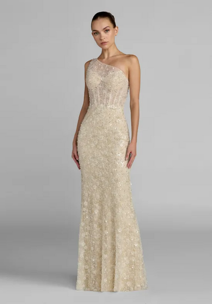 One Shoulder Beaded Mermaid Wedding Dress Sheer Corset Bodice 3D Floral Sequin Bridal Gown